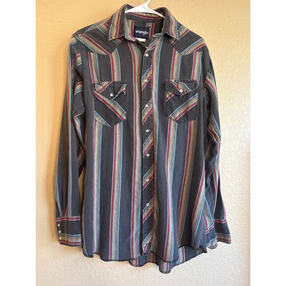 Vintage Wrangler Striped Western Shirt with Pearl Snaps Mens Large Tall Grey - Picture 1 of 5